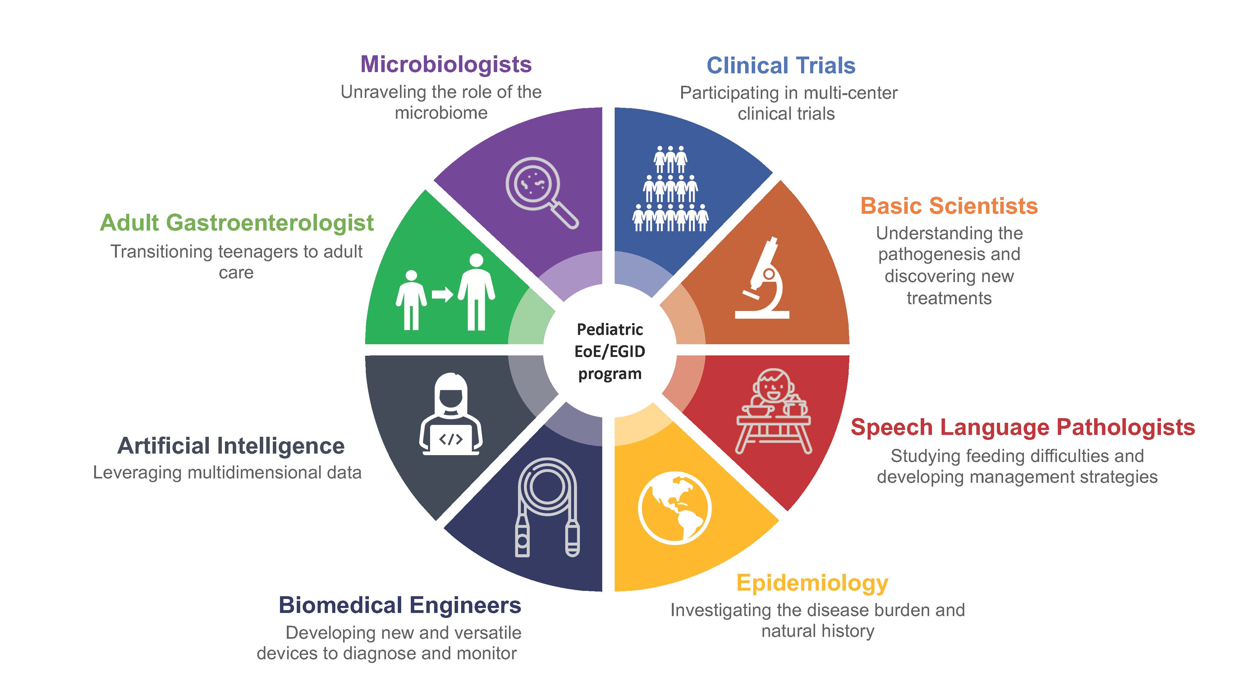 Schematic illustration of the multidisciplinary clinical and research endeavors of Dr. Hiremath