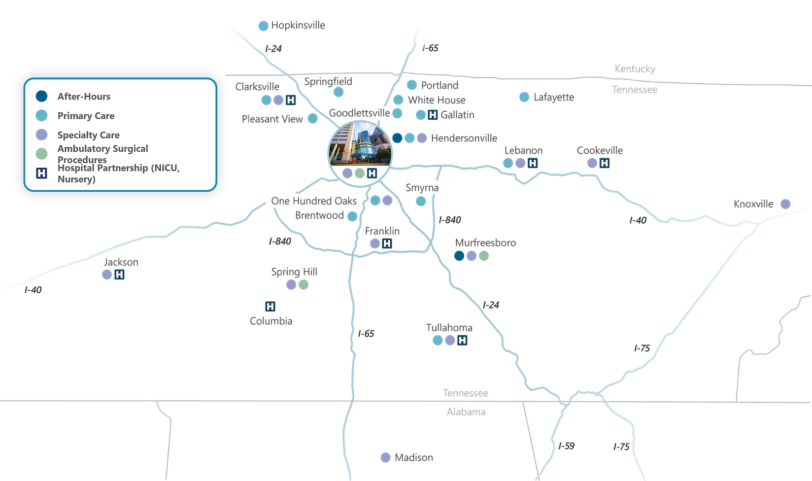 Map of Vanderbilt hospitals and clinics